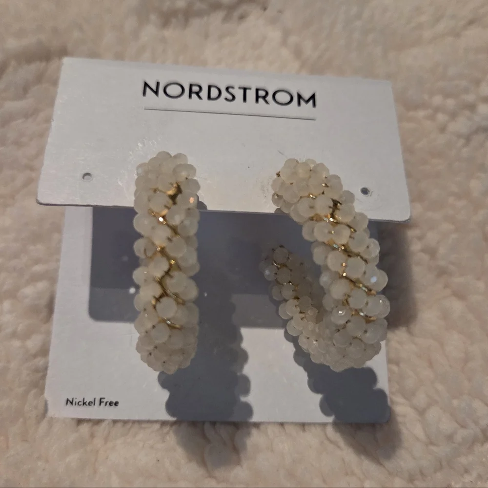 Nordstrom White And Gold Beaded Huggie‎ Hoop Earrings NEW